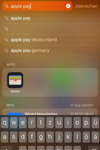 In der iOS-Suche nach Apple Pay wird die Wallet-App vorgeschlagen.