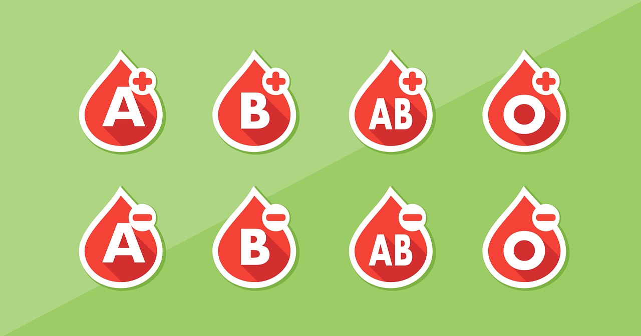 Die gängigen Blutgruppen 0, A, B und AB mit positivem und negativem Rhesusfaktor