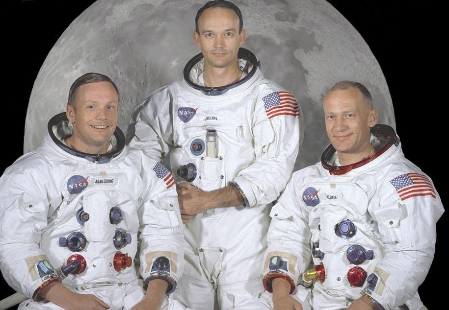 Die Crew der Apollo 11 vor ihrem Start am 16. Juli 1969: Neil Armstrong, Michael Collins , Buzz Aldrin (v.l.n.r.)