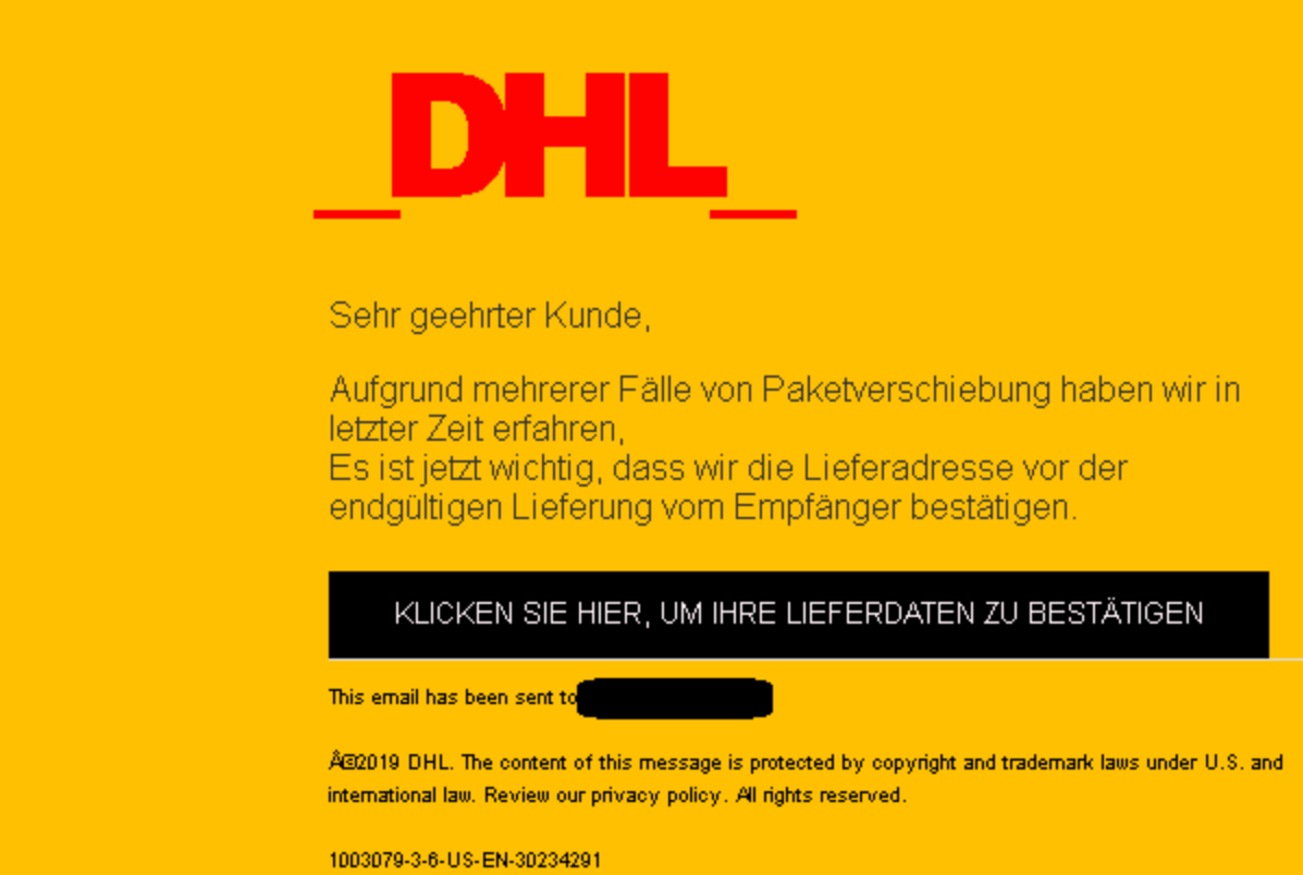 Achtung: Bei dieser E-Mail handelt es sich nicht um eine tatsächliche "Auftragsbestätigung", sondern um DHL-Phishing.