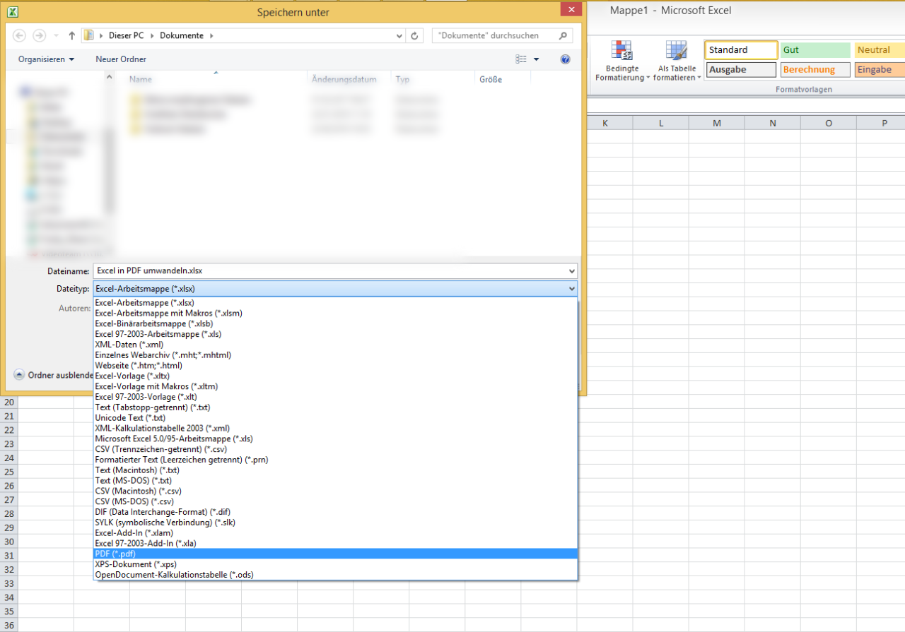 Bei Excel-Dateien erzeugst du PDF über die Speicherfunktion.