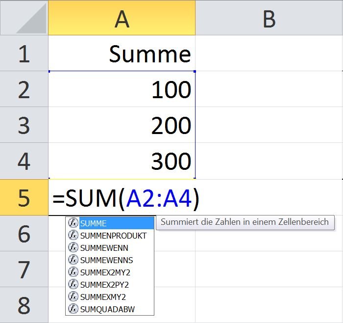 Die richtige Formel lautet in der deutschen Excel-Version "=SUMME(...)".