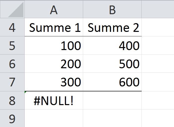 Excel-Problem: In Excel wird der Fehlerwert #NULL! angezeigt.
