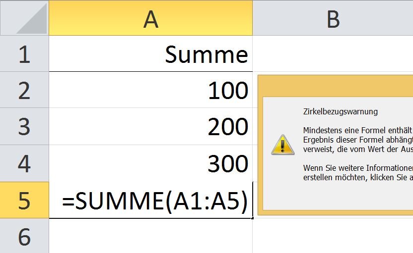 Die Formel in der Zelle A5 "=SUMME(A1:A5)" will das Ergebnis ihrer eigenen Formel aufsummieren. Das funktioniert jedoch nicht.