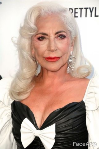 So sieht die Sängerin und Schauspielerin Lady Gaga mit dem Alterungsfilter der FaceApp aus.