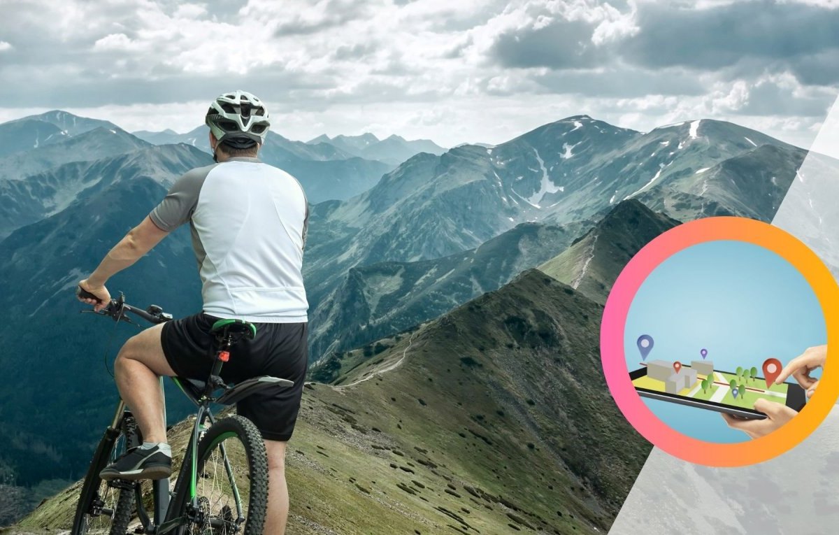 Mann auf einem Fahrrad in den Bergen/Navigation