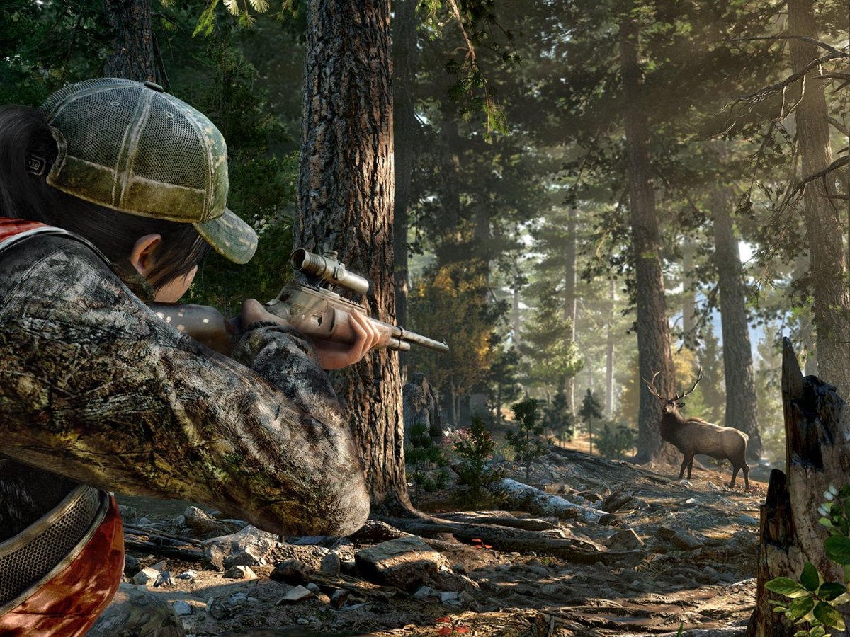 Eine Frau schießt auf einen Hirsch im Videospiel "Far Cry 5".
