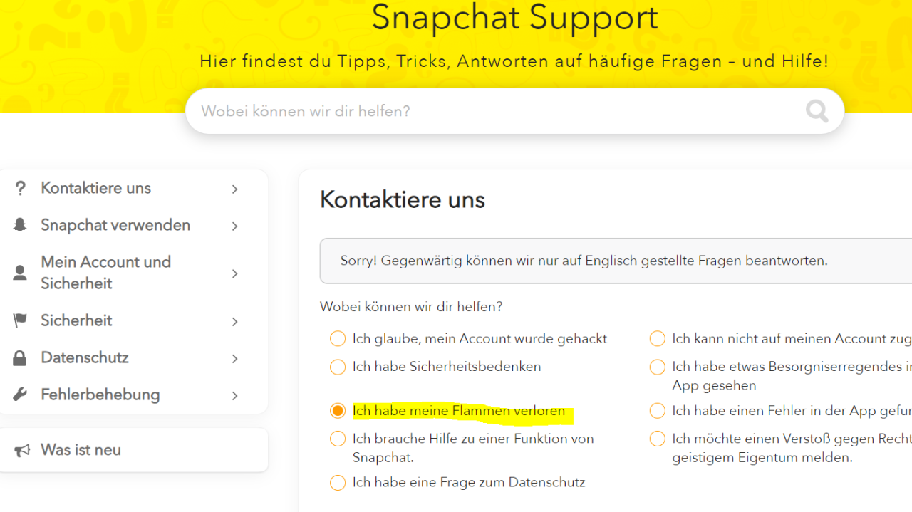 Möchtest du deine Snapchat-Flammen wiederherstellen, geht das über den Snapchat Support.