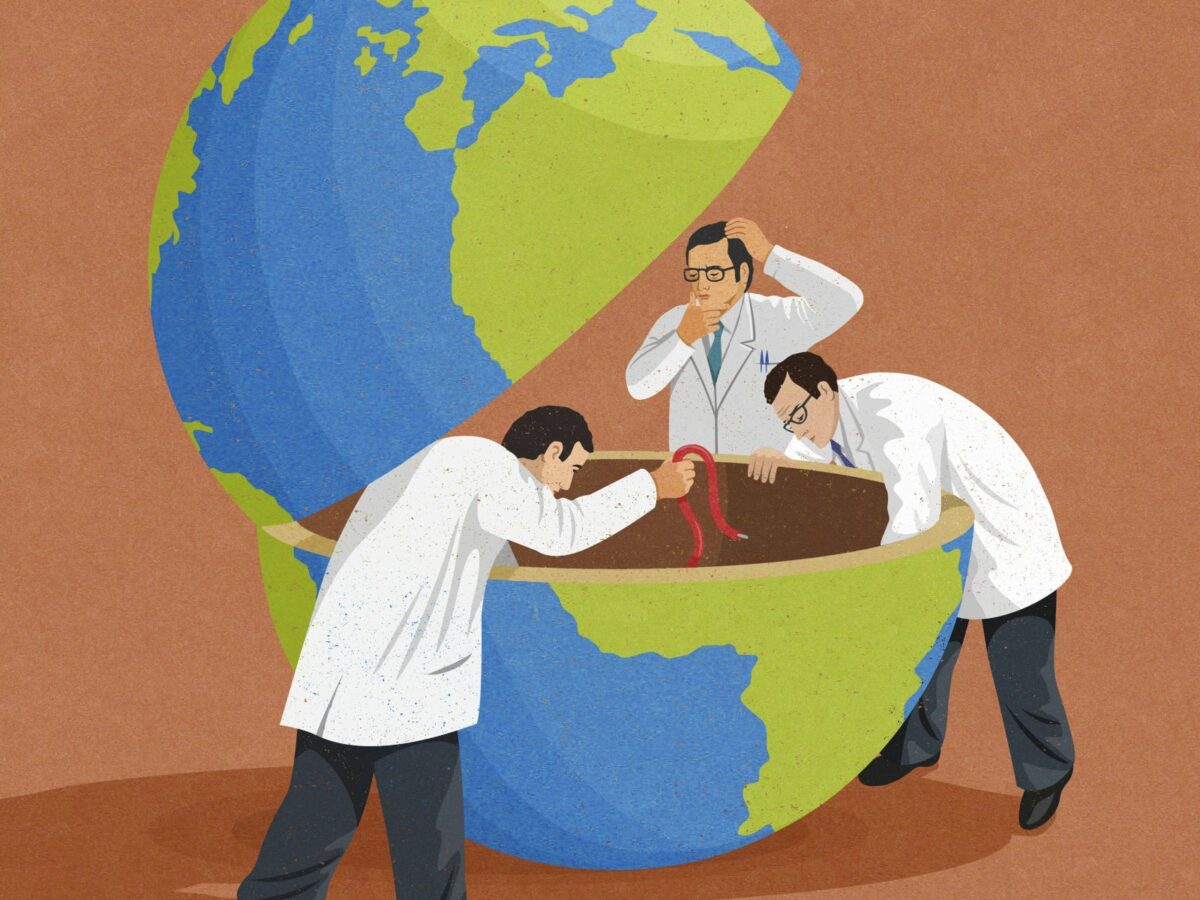Wissenschaftler reparieren eine Globus (Illustration).