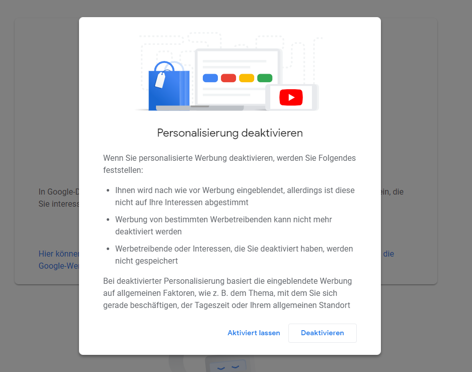 Innerhalb der Kontoeinstellungen könnt ihr die Personalisierung von Google-Anzeigen deaktivieren.