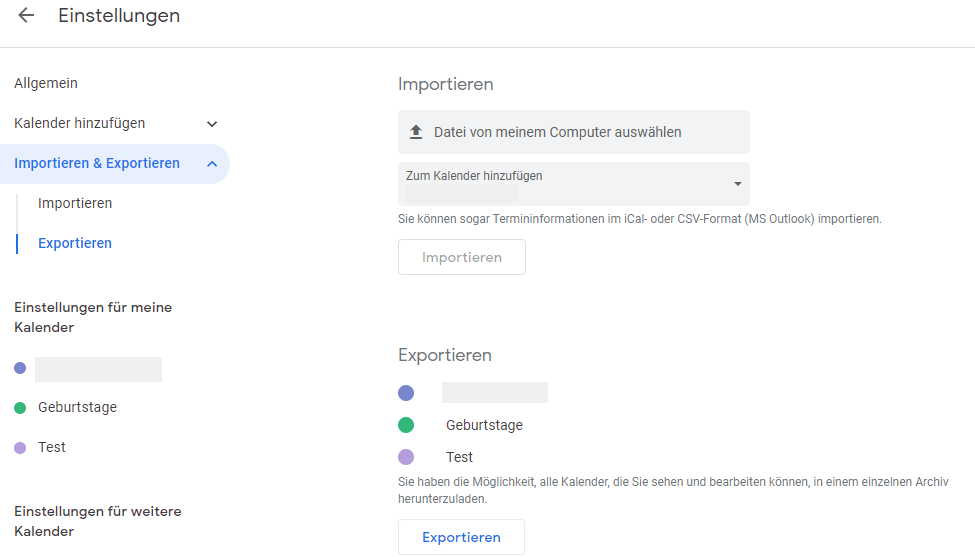 Klicke auf "Exportieren", um deinen Google Kalender in Outlook zu integrieren. 