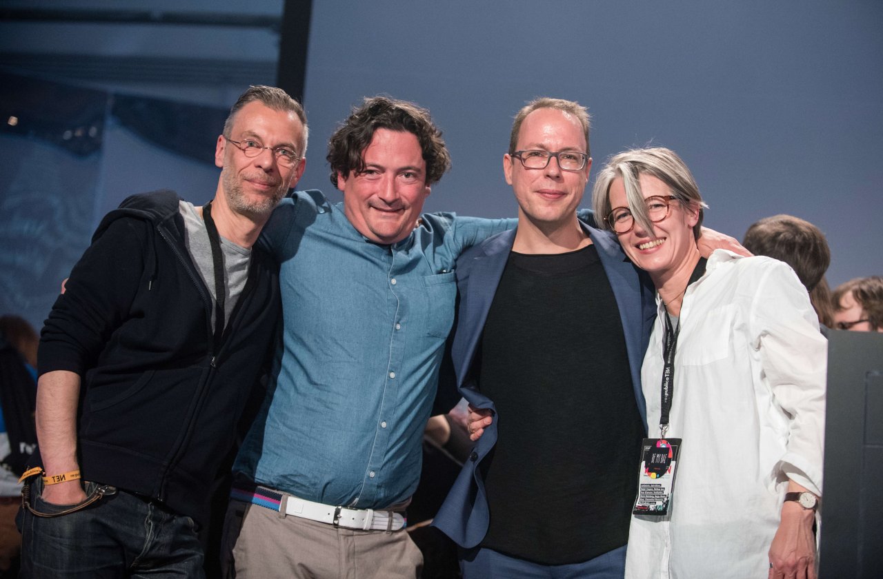 Die re:publica-Gründer Johnny Haeusler, Andreas Gebhard, Markus Beckedahl und Tanja Haeusler (v.l.) bei der #rpTEN.
