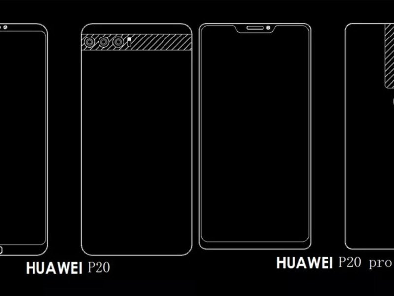 Skizzen des neuen Huawei P20 und P 20 Pro vor schwarzem Hintergrund.