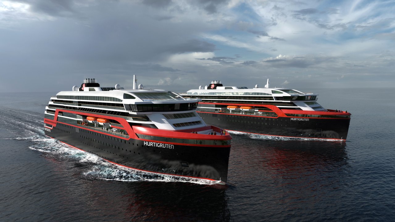 Die Reederei Hurtigruten lässt zwei Hybrid-Schiffe bauen, die sowohl mit fossilem Brennstoff als auch mit Elektroantrieb fahren können.