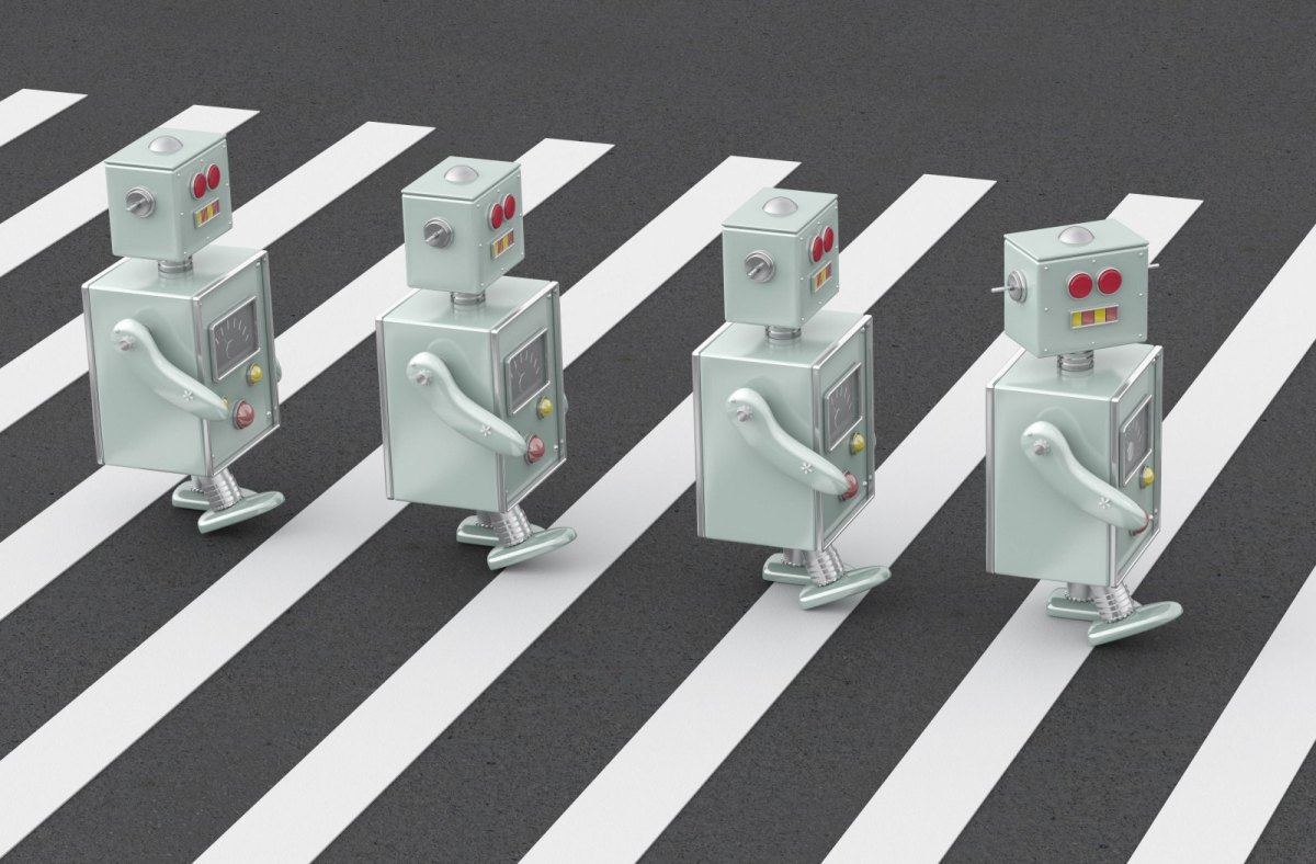 Illustration: Roboter auf dem Zebrastreifen