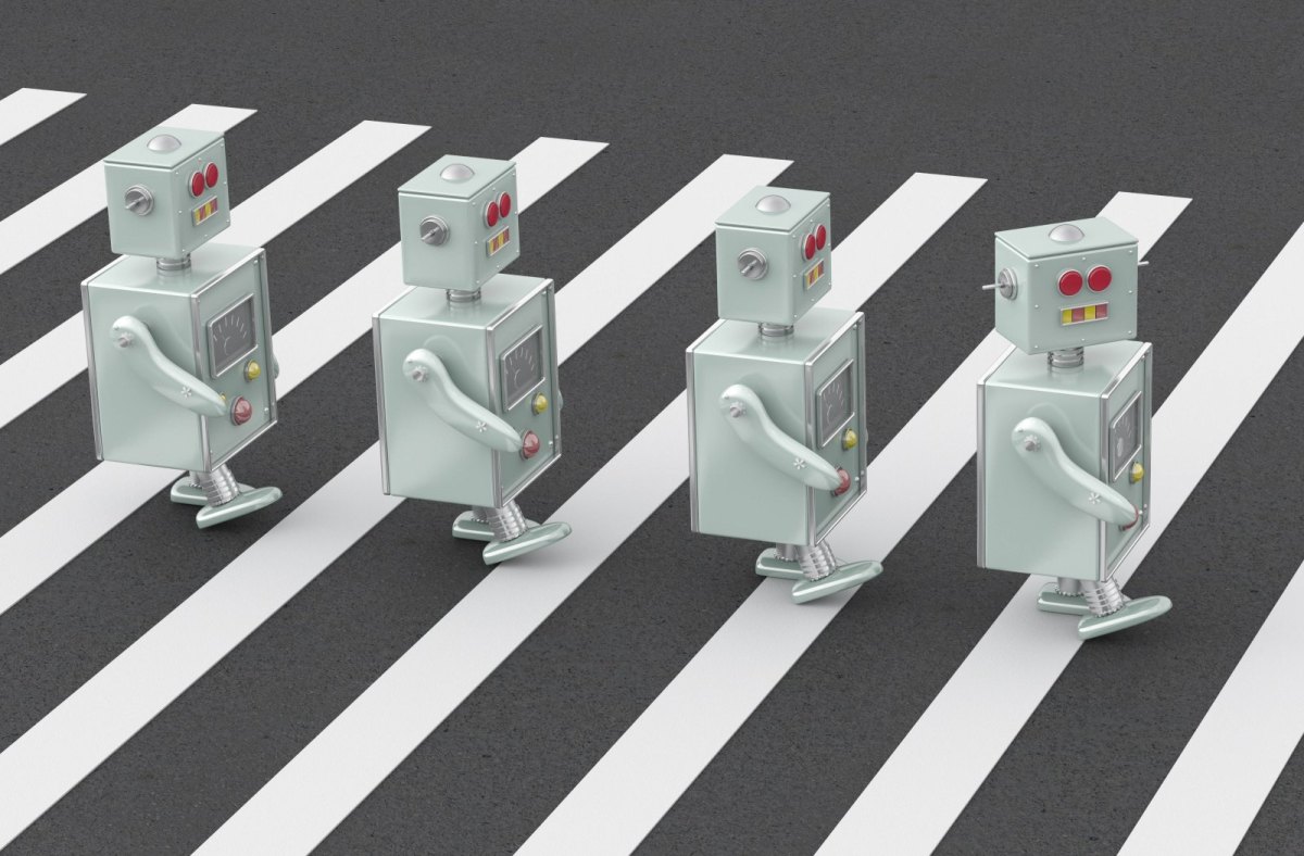 Illustration: Roboter auf dem Zebrastreifen