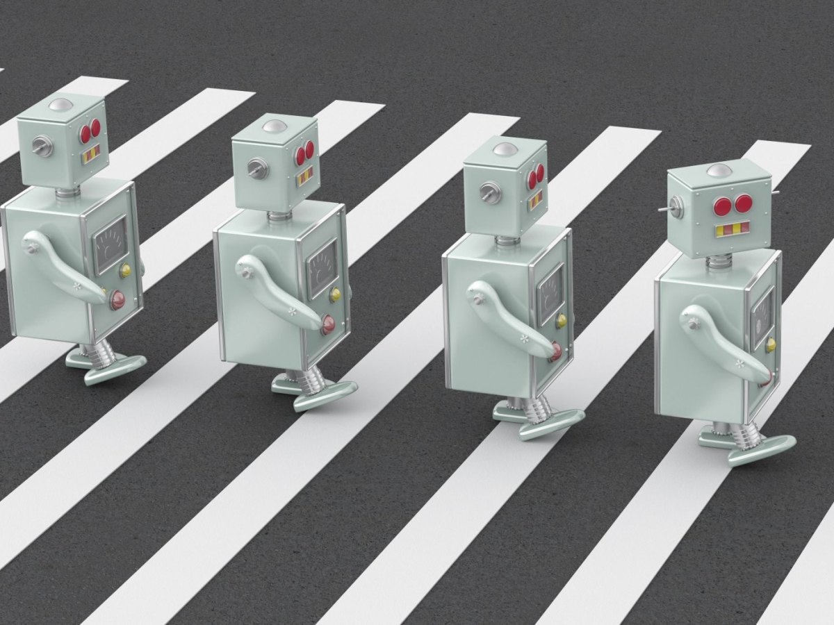 Illustration: Roboter auf dem Zebrastreifen