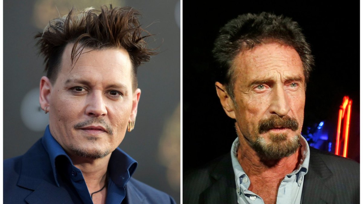 Ein zweiteiliges Foto stellt Johnny Depp und John McAfee gegenüber