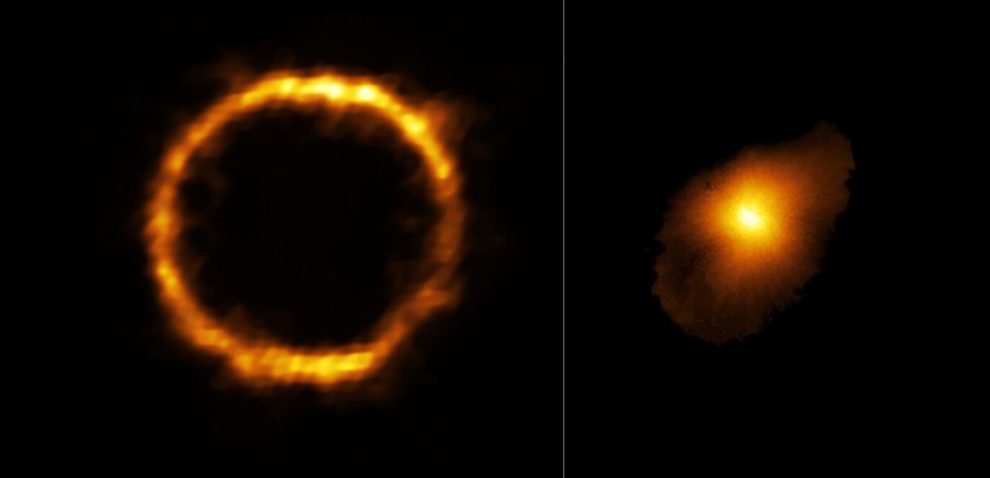Dank einer speziellen Umrechnungsmodelle lässt sich das Aussehen der Galaxie SPT0418-47 bildlich darstellen.