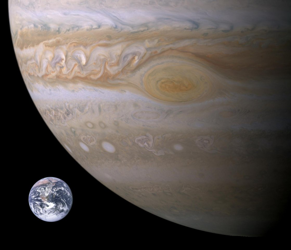 Jupiters Großer roter Fleck im Vergleich zur Größe der Erde