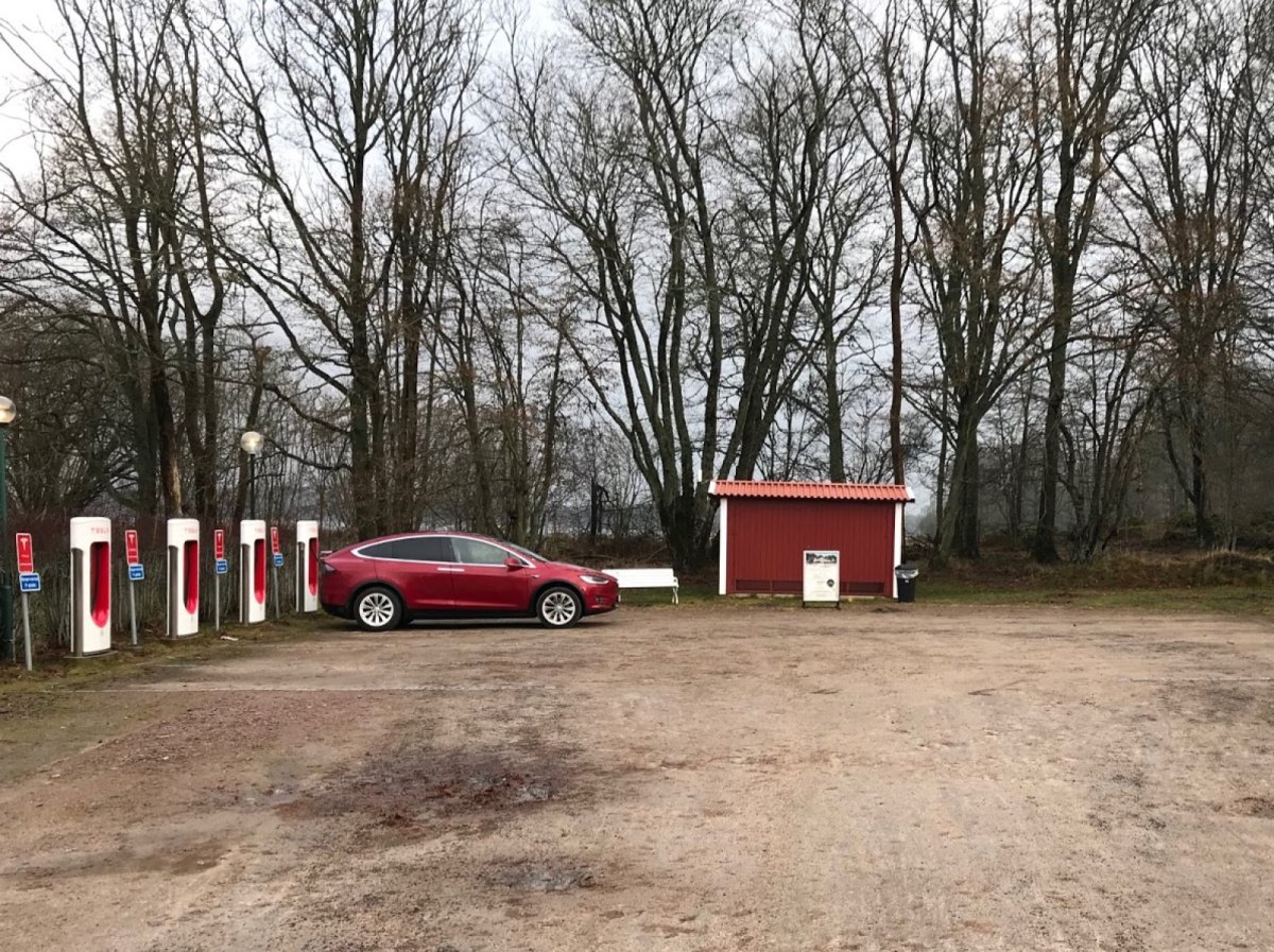 Roter Tesla auf einem Parkplatz im Wald