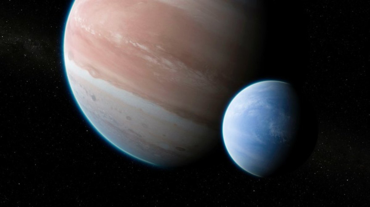 Der Exoplanet Kepler-1625b mit seinem möglichem Mond (künstlerische Darstellung)