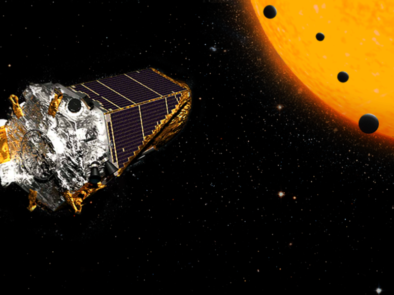 Illustration des Weltraum-Teleskops Kepler vor einem Stern