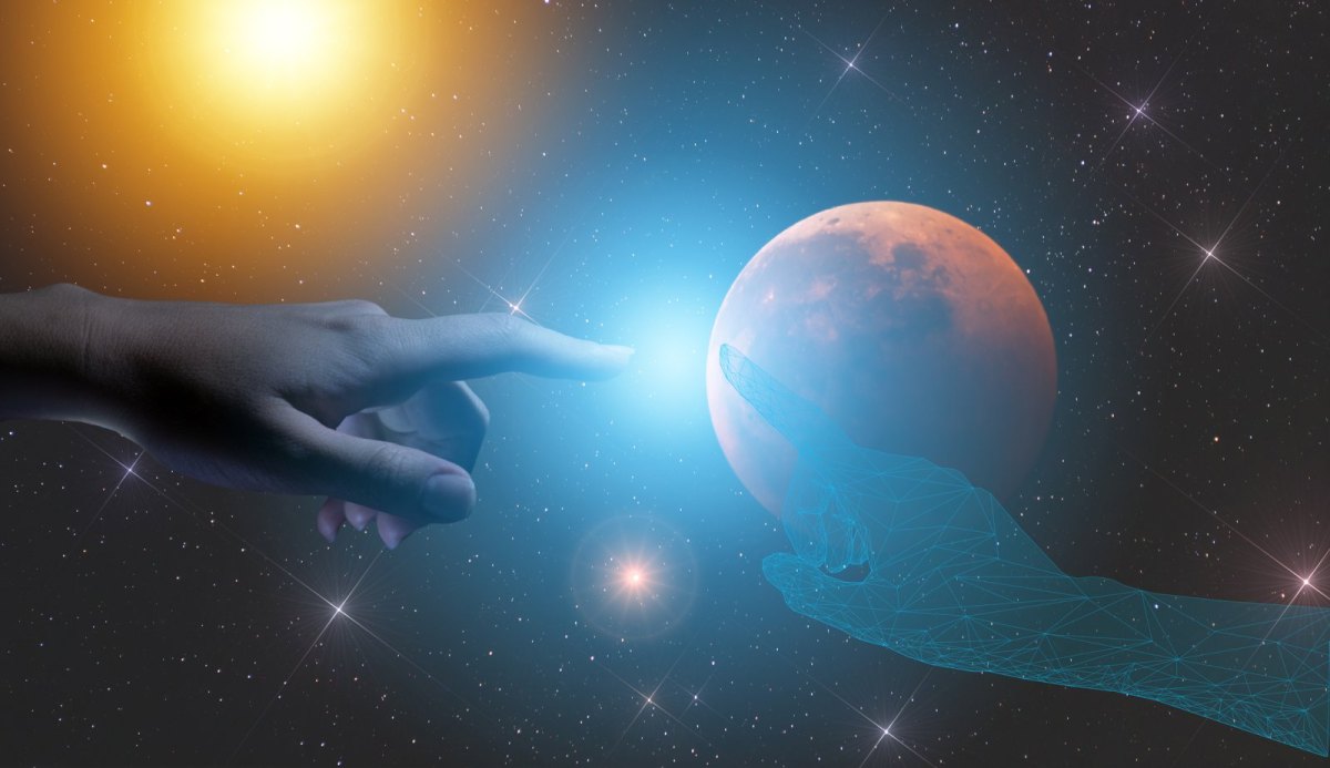 Ein menschliche Hand und eine außerirdische Hand treffen sich.