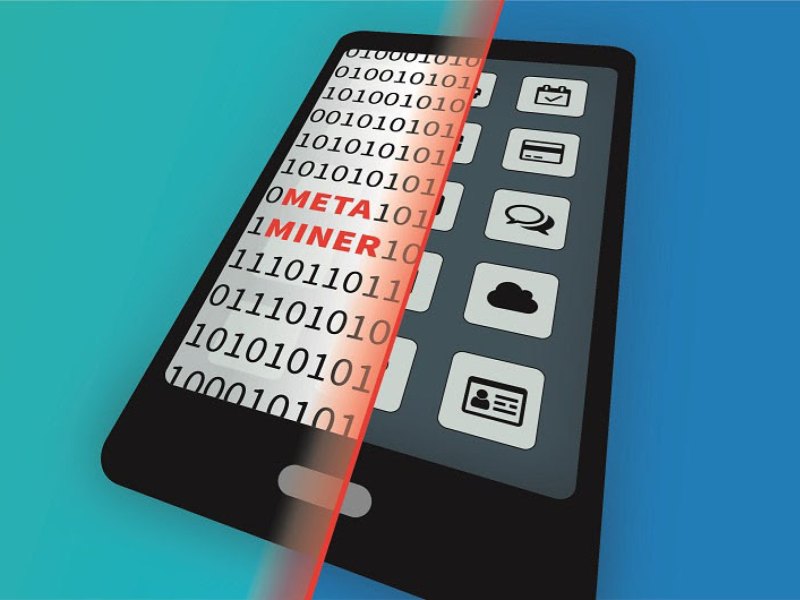 Darstellung eines virtuellen Smartphones mit dem Logo des Tools MetaMiner auf dem Screen.