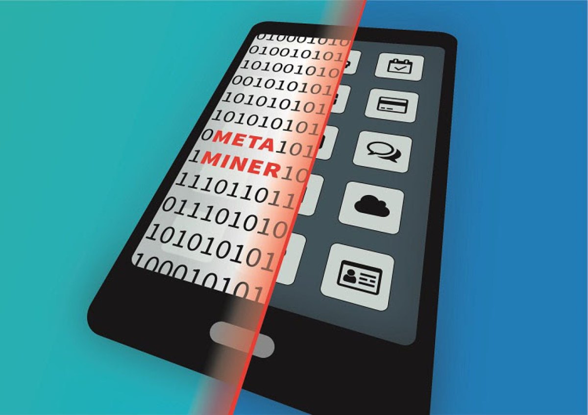 Darstellung eines virtuellen Smartphones mit dem Logo des Tools MetaMiner auf dem Screen.