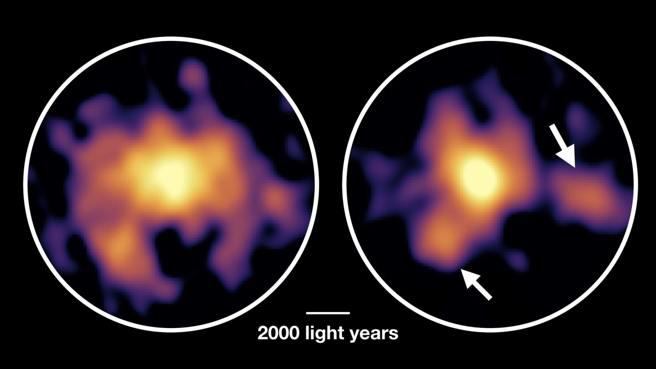 Klumpen aus Gas (links) und Staub (rechts) in der Galaxie AzTEC-1, aufgenommen vom ALMA-Observatorium