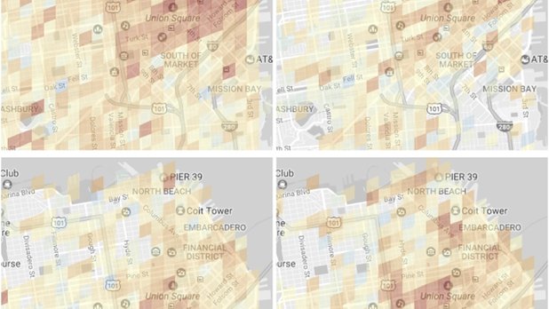 Eine Parkplatzanalyse von Google. Oben links: Ein Ausschnitt von San Francisco Montags um 8 Uhr morgens, oben rechts um 9 Uhr abends. Unten links und rechts zu den selben Zeiten: die Parkplatz-Situation an einem Samstag 