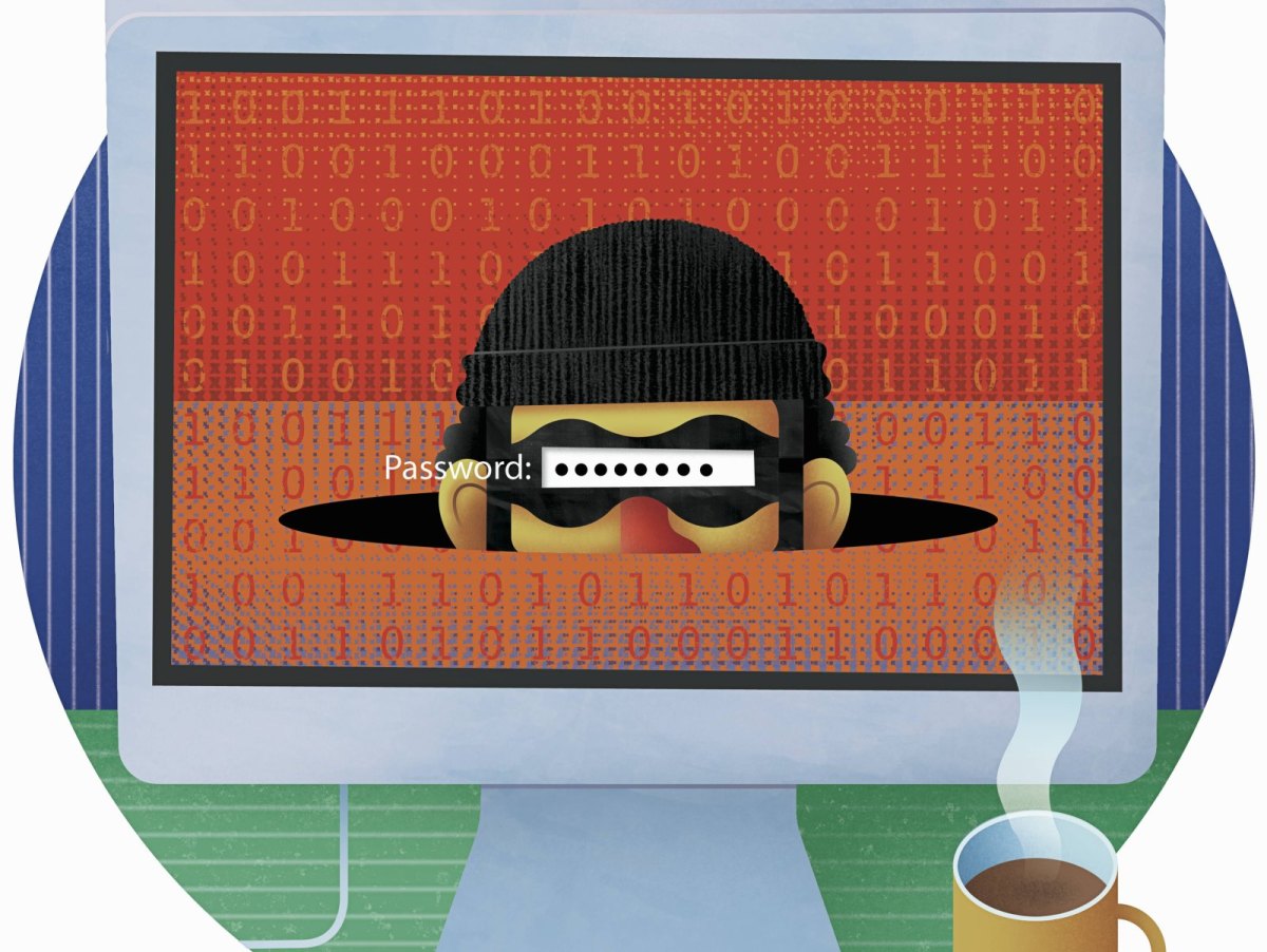 Illustration: Computerbildschirm zeigt einen maskierten Mann mit einer Passworteingabe auf den Augen