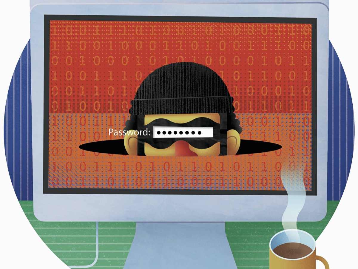 Illustration: Computerbildschirm zeigt einen maskierten Mann mit einer Passworteingabe auf den Augen
