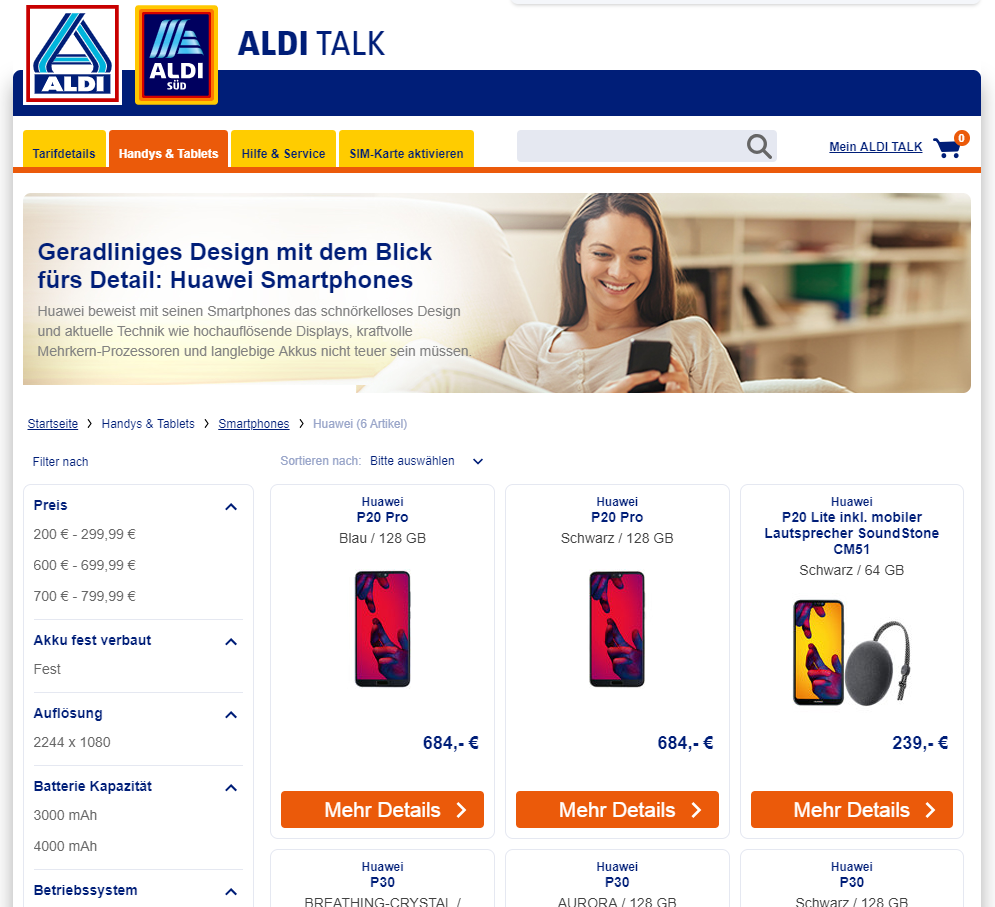 Im Aldi Talk-Shop finden sich die neueren Huawei-Modelle.