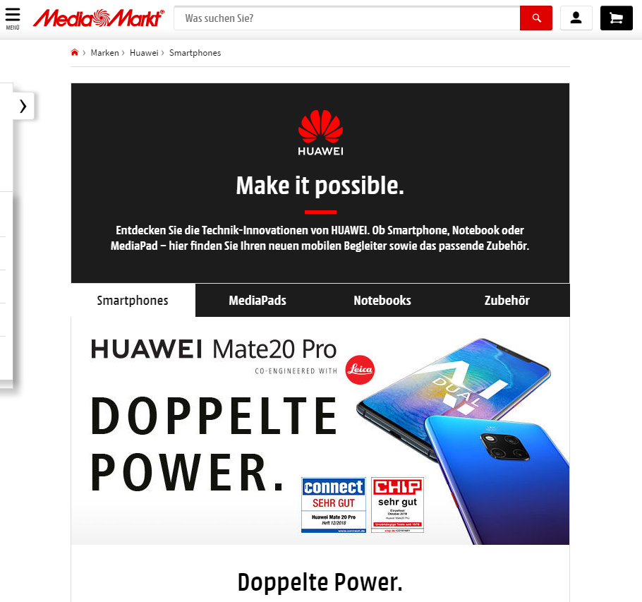 MediaMarkt räumt Huawei viel Platz in seinem Shop ein.