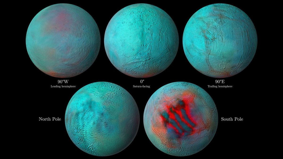 NASA-Bild: Aufnahmen von Enceladus mit roten Markierungen