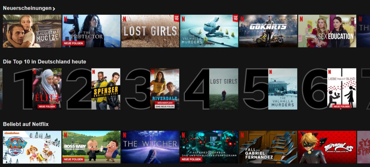 Screenshot Netflix Top Ten in Deutschland heute, Plätze 1 bis 5. 