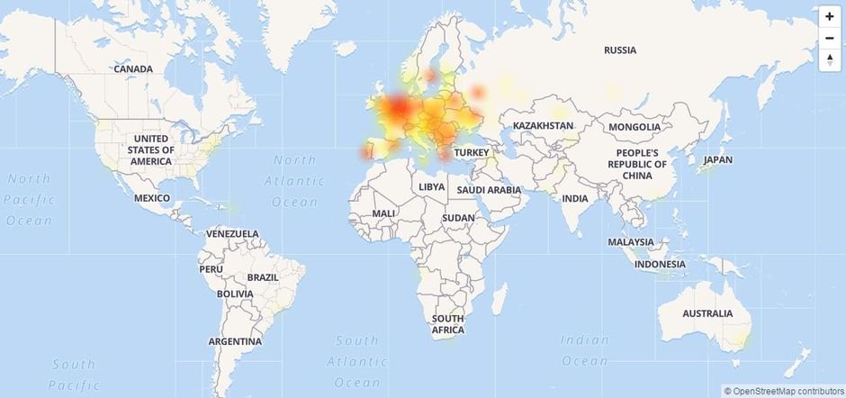 Das Bild zeigt die von der Skype-Störung betroffenen Regionen in Europa.
