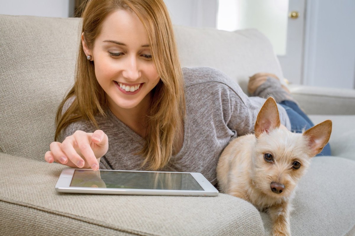Eine Frau sitzt mit ihrem Hund auf dem Sofa und surft auf einem Tablet.