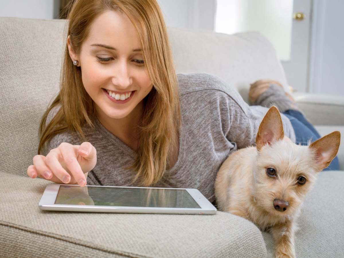 Eine Frau sitzt mit ihrem Hund auf dem Sofa und surft auf einem Tablet.