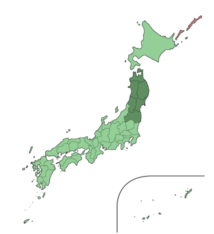 Die dunkelgrün markierten Regionen sind Präfekturen der Tohoku-Region, die durch das Alarmsystem informiert wurden.