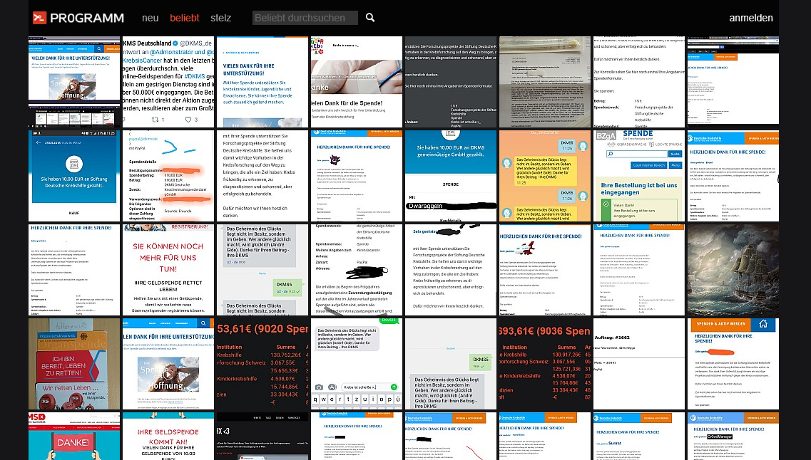 Screenshots von Spendenbescheinigungen pflastern die pr0gramm-Timeline.