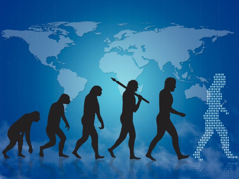 Evolution des Menschen mit Weltkarte im Hintergrund.