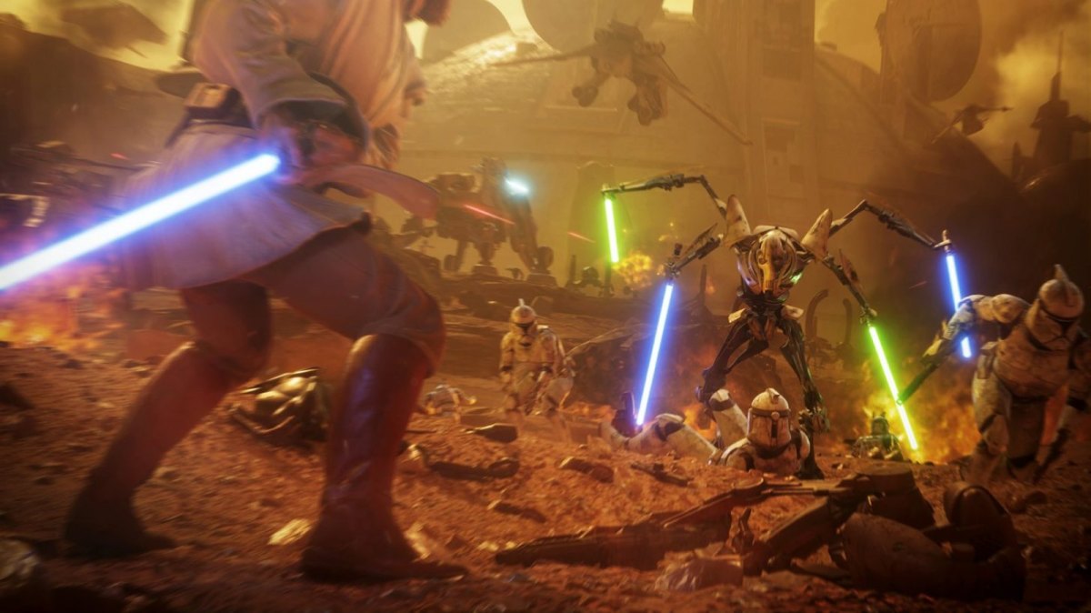 General Grievous gegen Obi-Wan Kenobi auf Geonosis ("Star Wars Battlefront 2" Screenshot)