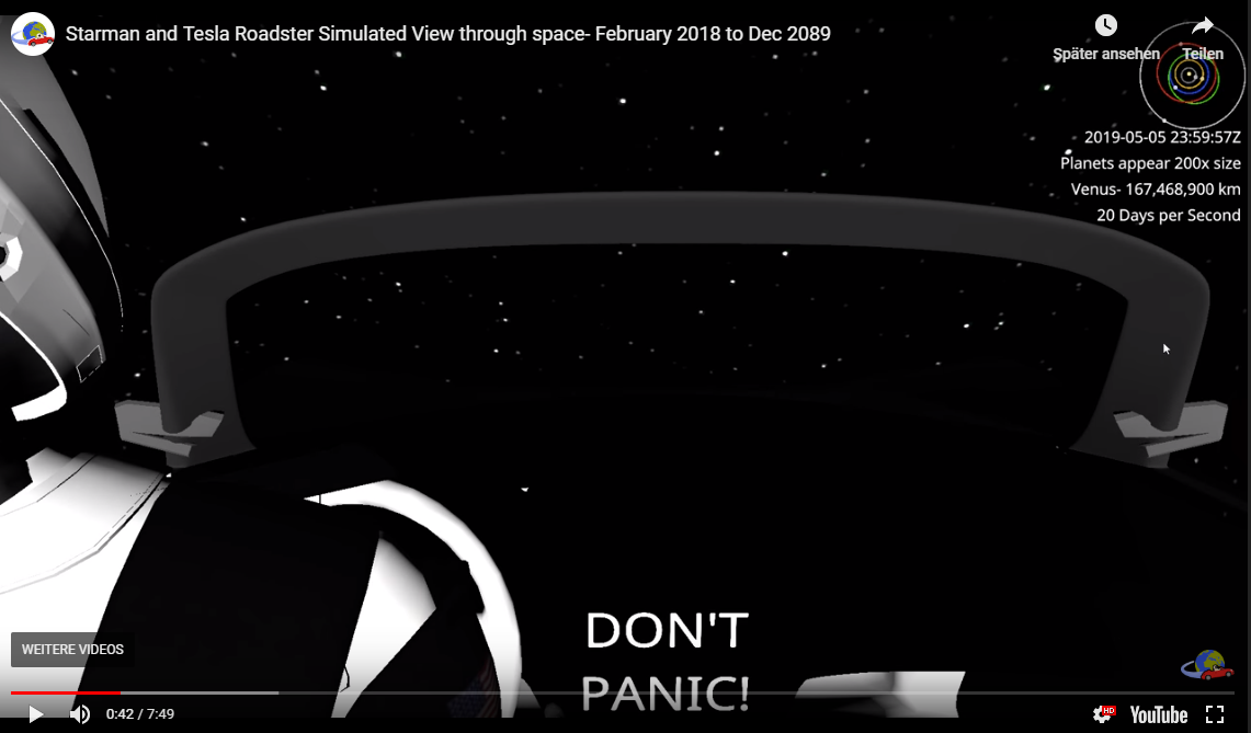 Der Tesla Roadster mit "Starman" im Simulations-Check am 5. Mai 2019