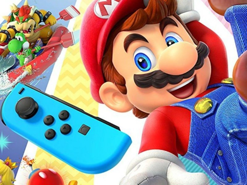 Mario und weitere Super Mario-Charaktere mit einem Nintendo Switch-Controller