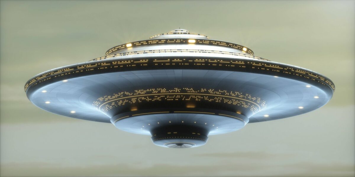 Die Illustration eines UFOs am Himmel.