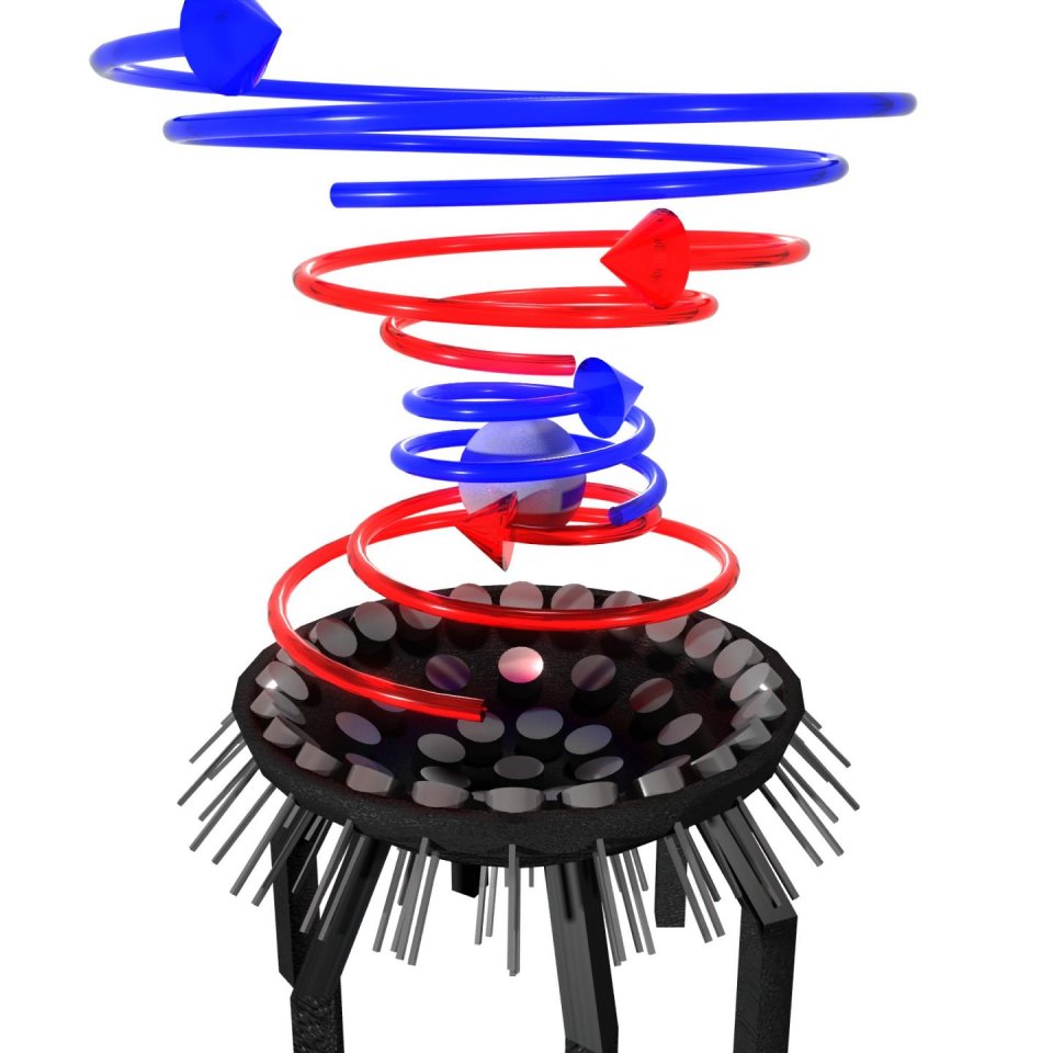 Kurze, verknüpfte Wirbel mit unterschiedlicher Rotationsrichtung fangen den Partikel ein und stabilisieren ihn.