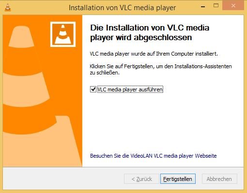 Ist die Installation des VLC Media Players abgeschlossen, drück auf "Fertigstellen".